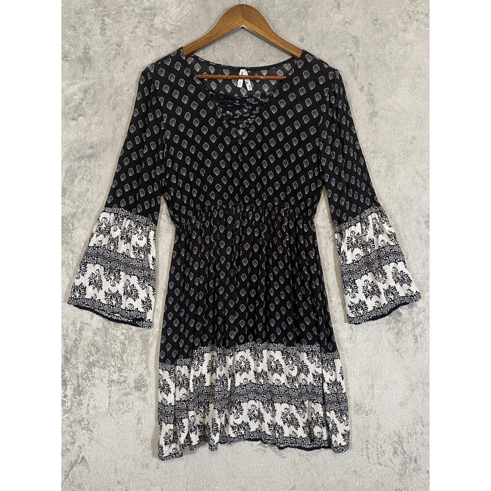 Mudd‎ Tunic Lace Up Dress Womens Medium Black White Bell Sleeve Floral Boho